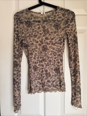 Urban Outfitters Beige Long-Sleeve Floral Mesh Top with Black Floral Print
